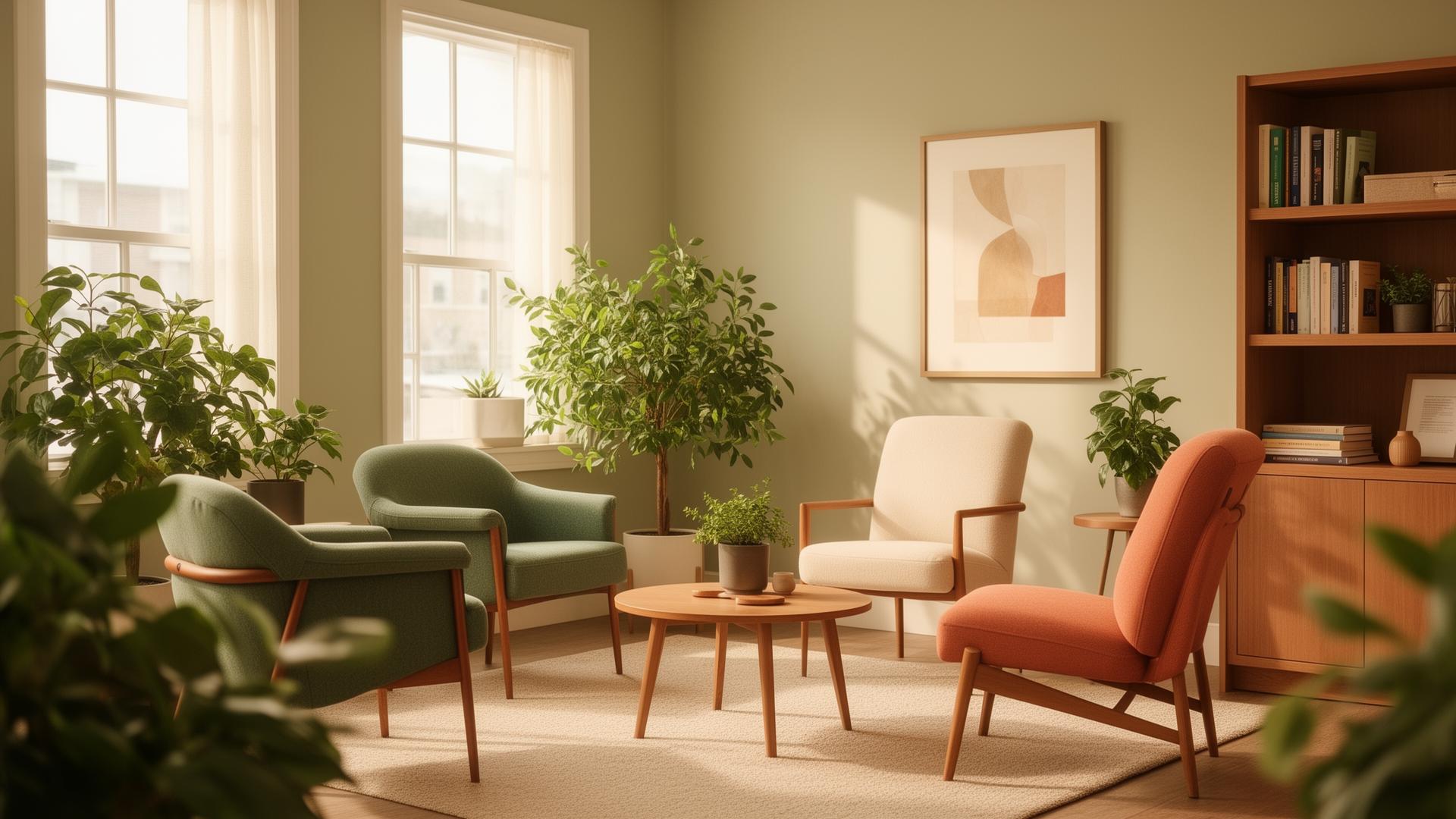 Warm, inviting therapy room at New Path Psychiatry